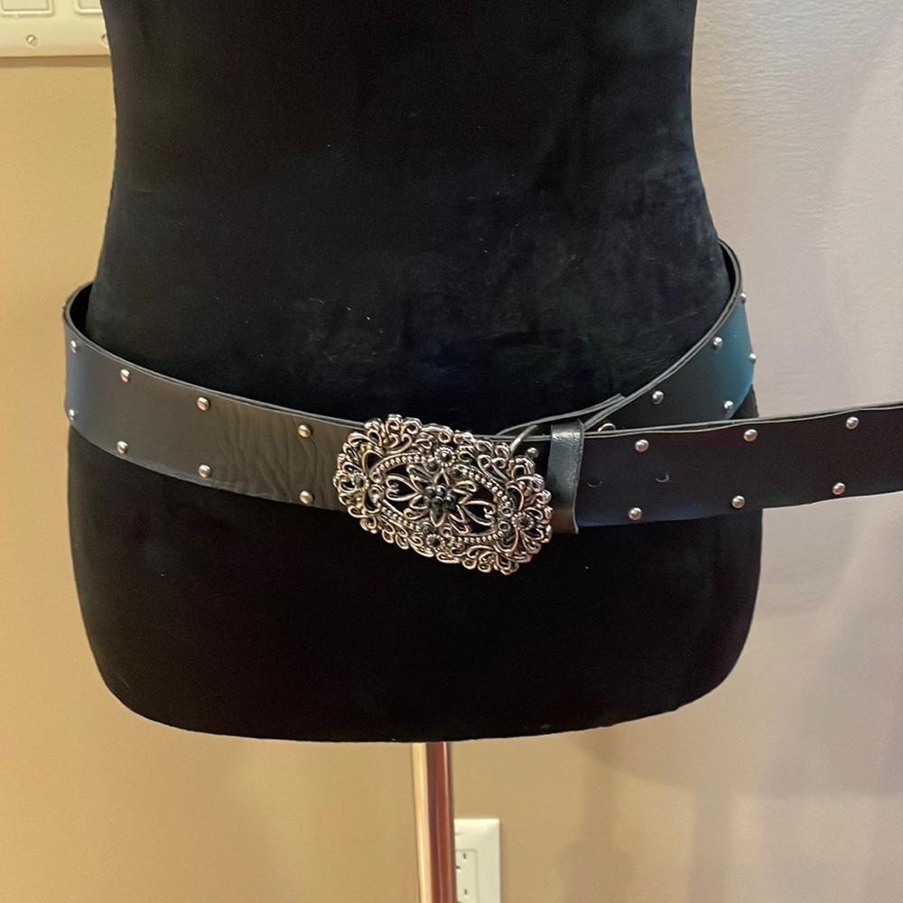 Ladies FAUX black leather vintage belt buckle with black rhinestone designs